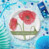 Red Watercolor Poppies Happy Birthday Pappteller (Party)