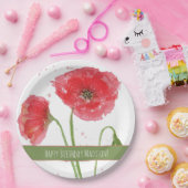 Red Watercolor Poppies Happy Birthday Pappteller (Party)