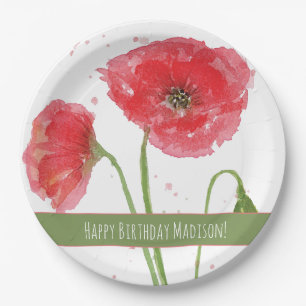 Red Watercolor Poppies Happy Birthday Pappteller