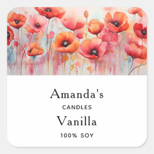 Red Watercolor Poppies in a Field Candle Business Quadratischer Aufkleber