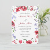 Red Watercolor Poppy & Lavender Floral Wedding Einladung (Stehend Vorderseite)