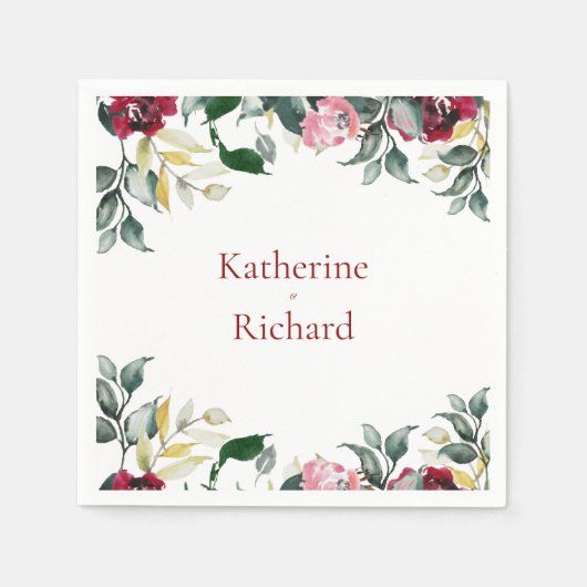 Red Watercolor Rose Hochzeitcocktail Serviette (Vorderseite)