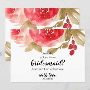 Red Watercolor Rose Wedding is My Bridesmaid Einladung