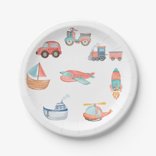Red Watercolor Transportation Boy Birthday Party Pappteller (Vorderseite)