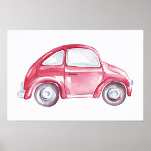 Red Watercolor Vintag Retro Buggy Bug Car Poster