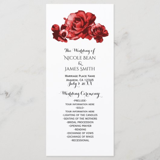 Red Watercolor Vintage Rose Hochzeitsprogramm Rack Programm (Vorderseite)