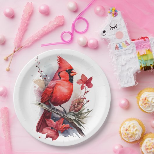 Red Watercolor Winter Kardinal Pappteller (Party)