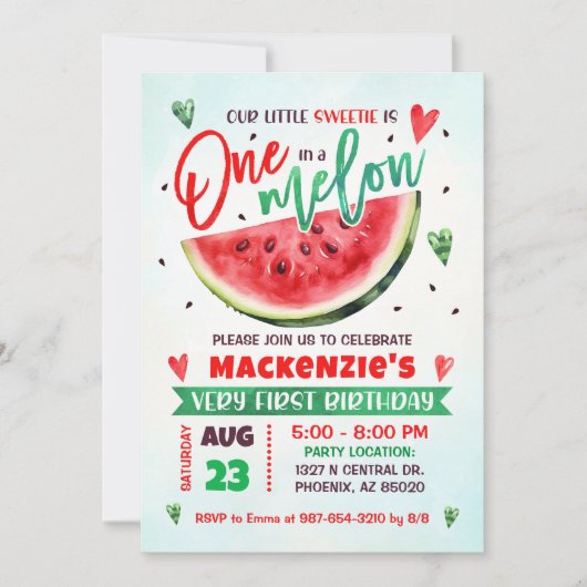 Red Watermelon First Birthday Party Einladung (Vorderseite)