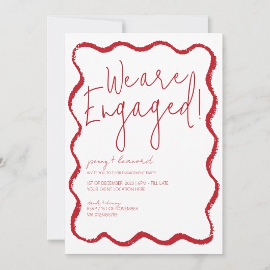 Red Wave Border Scallop Edge Engagement Party Einladung (Vorderseite)