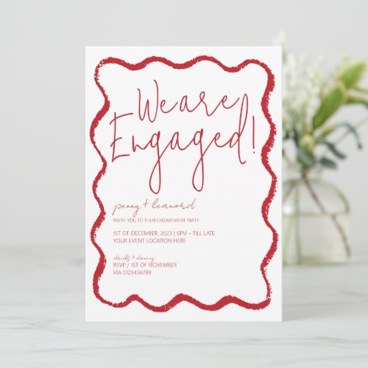 Red Wave Border Scallop Edge Engagement Party Einladung (Stehend Vorderseite)