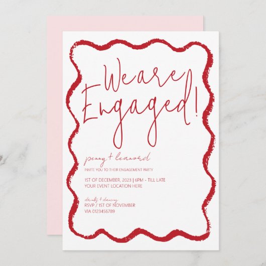 Red Wave Border Scallop Edge Engagement Party Einladung (Vorne/Hinten)