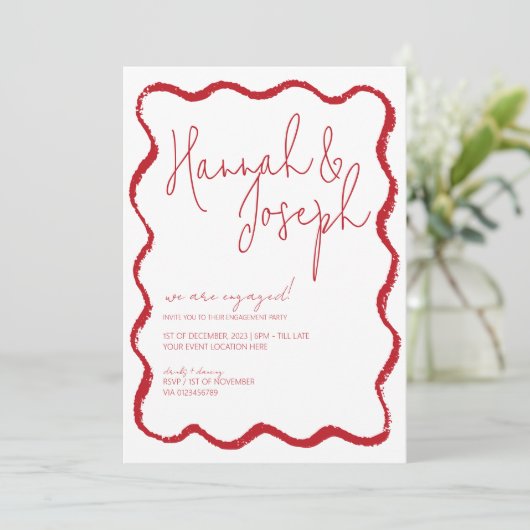 Red Wave Border Scallop Edge Engagement Party Einladung (Stehend Vorderseite)