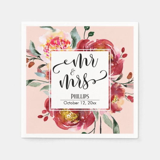 Red Wedding Blume Bouquet Mr & Mrs. Script, Blush Serviette (Vorderseite)