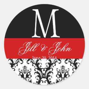 Red Wedding Monogram Names Date Damask Siegel Runder Aufkleber