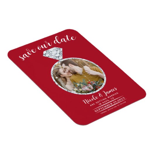 Red Wedding Ring Bling Foto Save the Date Magnet (Rechte Seite)