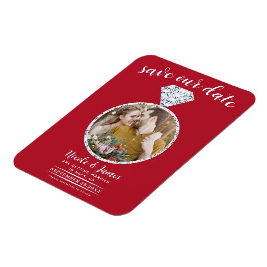 Red Wedding Ring Bling Foto Save the Date Magnet (Linke Seite)