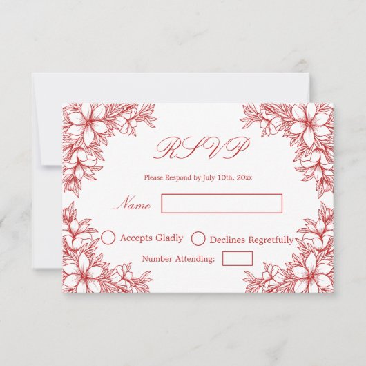 Red Wedding RSVP mit Verzierten Blumengrafiken (Vorderseite)