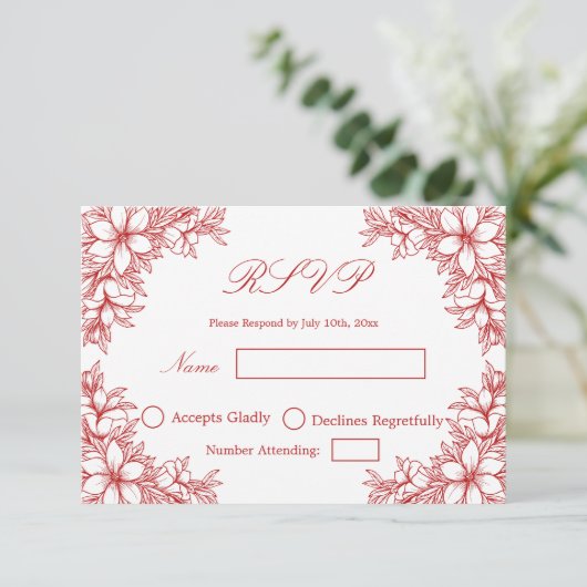 Red Wedding RSVP mit Verzierten Blumengrafiken (Stehend Vorderseite)
