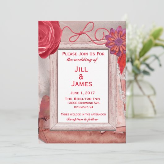 Red Wedding Rustic Floral Einladung (Stehend Vorderseite)