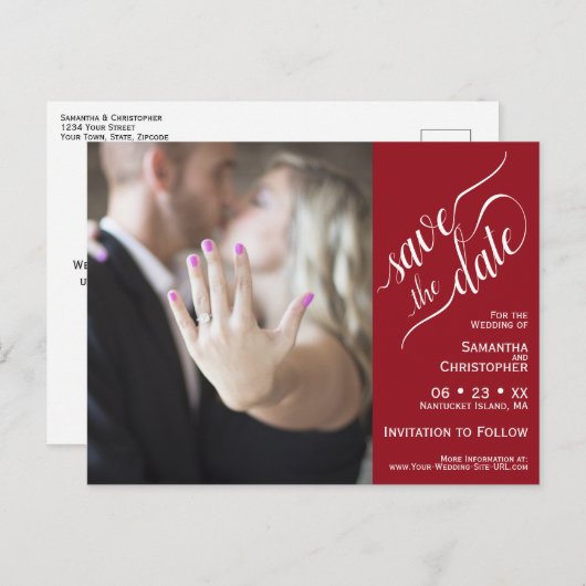 Red Wedding Save the Date Foto & Calligrafy Ankündigungspostkarte (Vorne/Hinten)