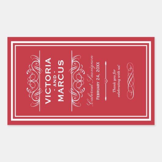 Red Wedding Wine Bottle Monogram Fevor Labels Rechteckiger Aufkleber (Vorderseite)