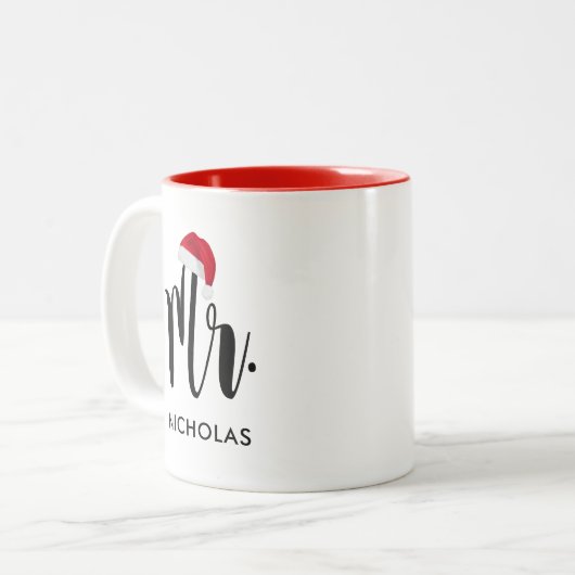 Red Weihnachtsmannmütze Custom Holiday Monogram Zweifarbige Tasse (Vorderseite Links)