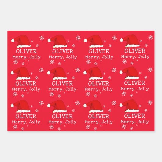 Red Weihnachtsmannmütze Snowflake Merry Jolly Kids Geschenkpapier Set (Vorderseite 3)