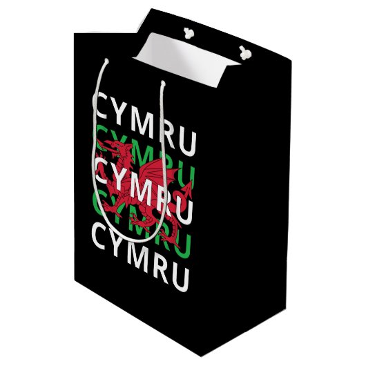 Red Welsh Dragon Cymru Wiederholung Text Wales Roo Mittlere Geschenktüte (Rückseite Schrägansicht)