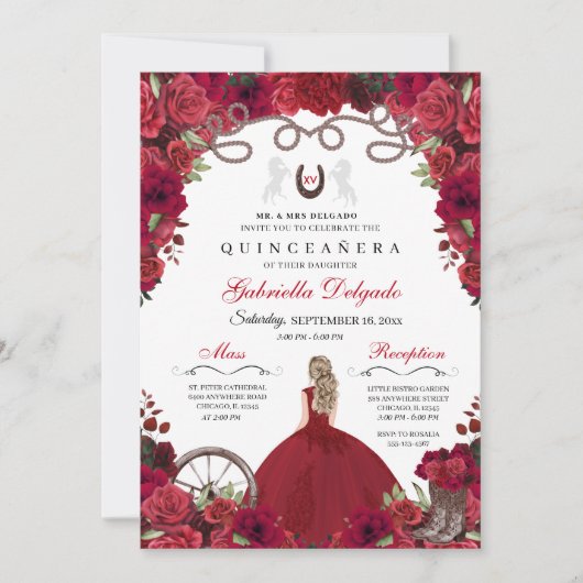 Red Western Charra Princess Ranchero Quinceanera Einladung (Vorderseite)