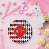 Red WhBlack Harlequin Red Quatrefoil 3 Monogramm Pappteller (Party)