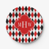 Red WhBlack Harlequin Red Quatrefoil 3 Monogramm Pappteller (Vorderseite)