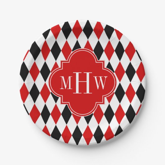 Red WhBlack Harlequin Red Quatrefoil 3 Monogramm Pappteller (Vorderseite)