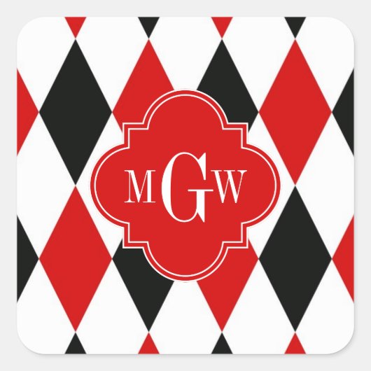 Red WhBlack Harlequin Red Quatrefoil 3 Monogramm Quadratischer Aufkleber (Vorderseite)