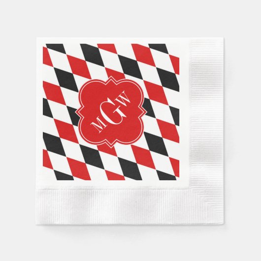 Red WhBlack Harlequin Red Quatrefoil 3 Monogramm Serviette (Vorderseite)