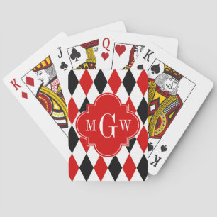 Red WhBlack Harlequin Red Quatrefoil 3 Monogramm Spielkarten