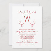 Red Whimsical Blüh Monogram Wedite Einladung (Vorderseite)