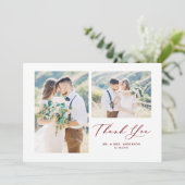 Red Whimsical Calligraphy Foto Collage Wedding Dankeskarte (Stehend Vorderseite)