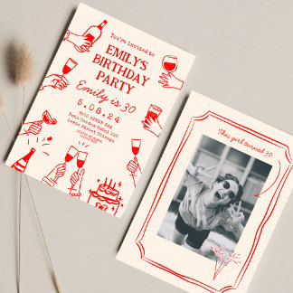 Red Whimsical Funky Quirky Zeichne 30. Geburtstag Einladung