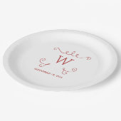 Red Whimsical Geblüht Monogram Paper Teller (Schrägansicht)