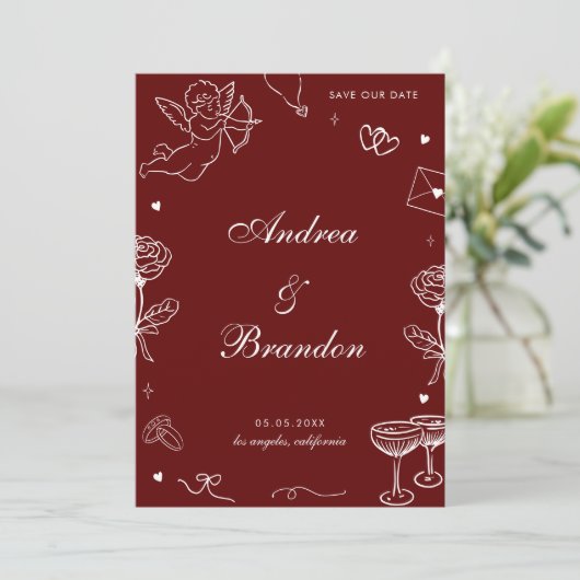 Red Whimsical Hand Drawn Fun Scribble Wedding Save The Date (Stehend Vorderseite)