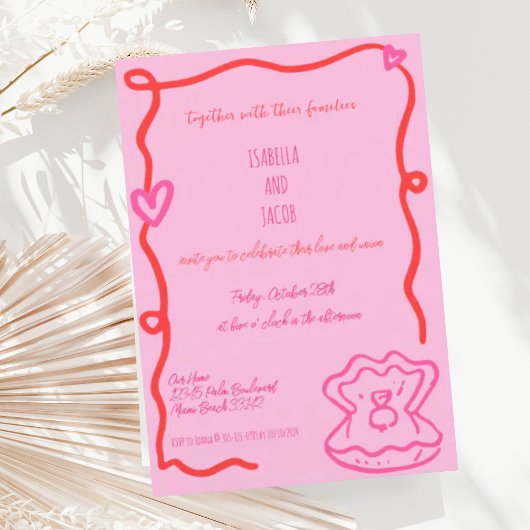 Red Whimsical Hand Drawn Quirky Wavy Hochzeit Einladung