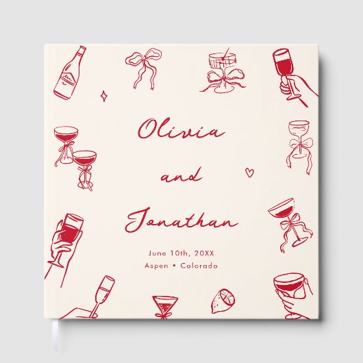 Red Whimsical Hand Drawn Wedding Gästebuch (Vorderseite)