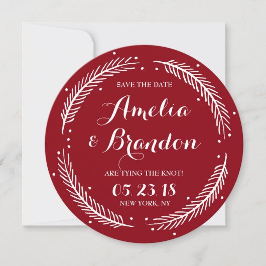 Red Whimsisical Winter Wreath Save the Date Card (Vorderseite)
