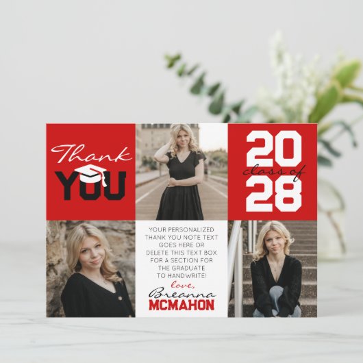 Red & White 3 Foto Abschluss Vielen Dank Einladung (Stehend Vorderseite)