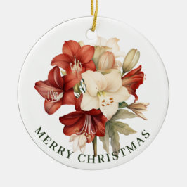 Red & White Amaryllis auf White Frohe Weihnachten Keramik Ornament