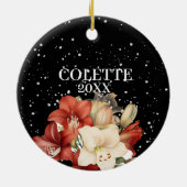 Red & White Amaryllis über Schwarz Frohe Weihnacht Keramik Ornament (Hinten)