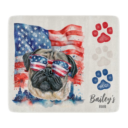 Red White and Blue 4. Juli Funny Mops Dog Schneidebrett (Vorderseite)