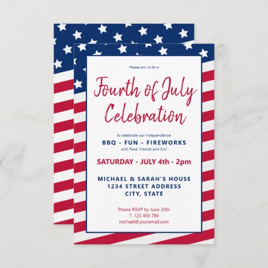 Red White and Blue 4. Juli Party Einladung (Vorne/Hinten)