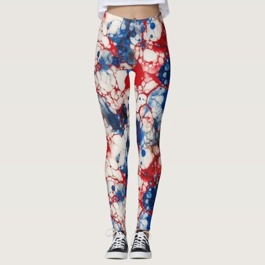 Red White and Blue Alcohol Ink USA Flaggenfarben Leggings (Vorderseite)