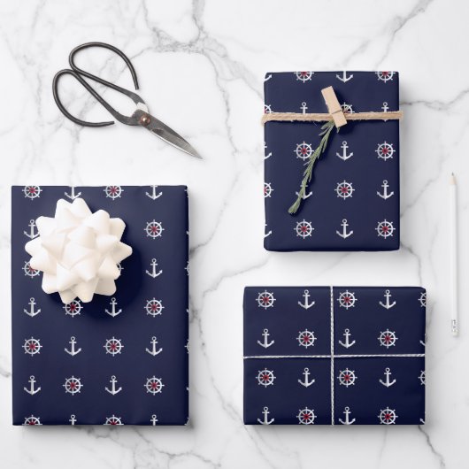 Red White and Blue Anchor Pattern Geschenkpapier Set (Vorderseite)